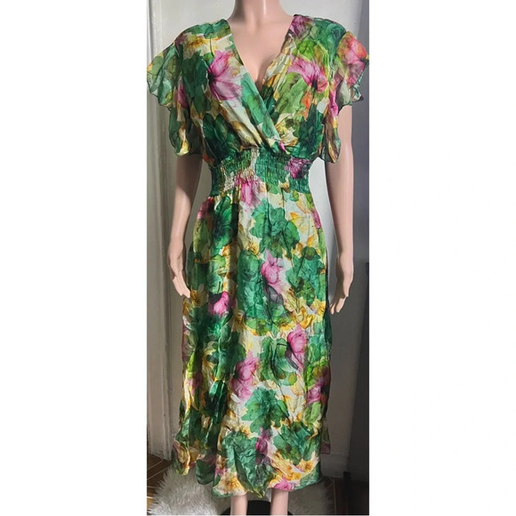 NWT LA RAGAZZE Women’s Floral Italian Silk Blend Maxi Dress - Picture 3 of 14